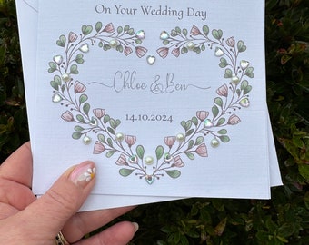 Personalised Handmade Wedding Day Card, Engagement, Anniversary, Birthday, floral heart, Son, Daughter, Wife,