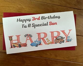 Personalised  NAMED DISNEY CARS Themed Birthday card, 3rd, 4th, 5th, 6th, 7th, Any Age, Son, Daughter, Grandson, Nephew, Niece, Little Boy