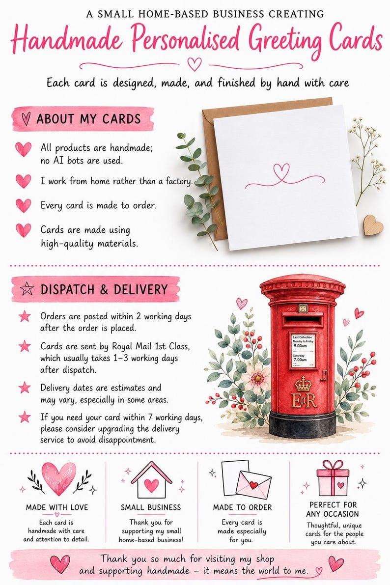 May include: An informational graphic for handmade greeting cards featuring text, a white card with a pink heart line drawing, a red British post box illustration, and icons for small business, made to order, and gift-giving occasions.