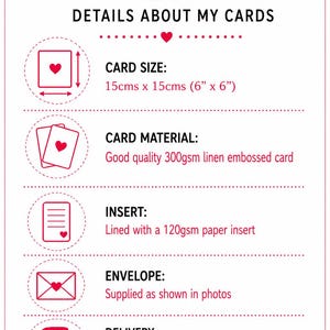 Pode incluir: Um gr&aacute;fico informativo intitulado Special Days Stationery detalhando as especifica&ccedil;&otilde;es dos cart&otilde;es. Lista um tamanho de 15cm x 15cm, cart&atilde;o com relevo de linho de 300g, um encarte de papel de 120g, envelope e informa&ccedil;&otilde;es de entrega com cora&ccedil;&otilde;es.