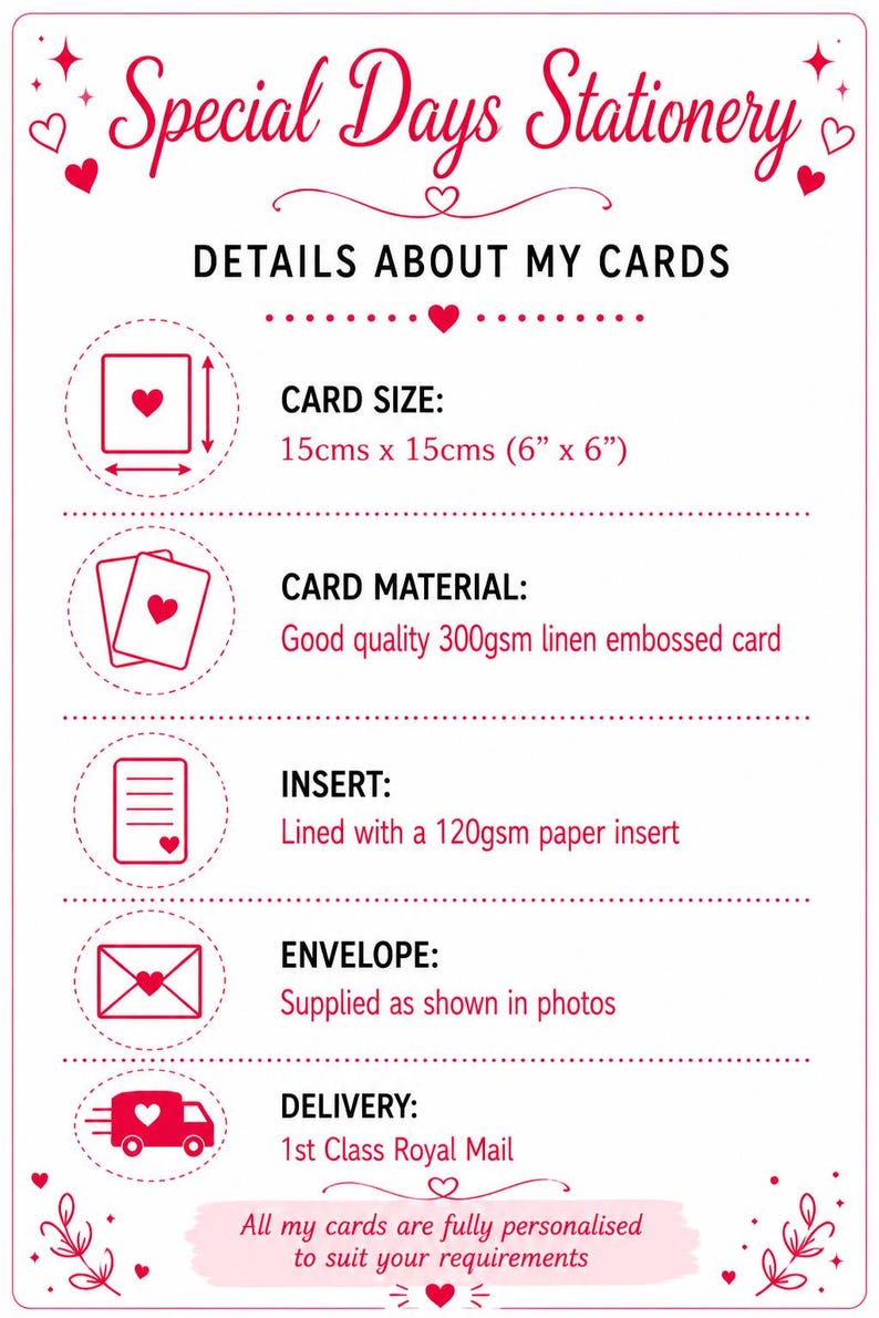 Pode incluir: Um gr&aacute;fico informativo intitulado Special Days Stationery detalhando as especifica&ccedil;&otilde;es dos cart&otilde;es. Lista um tamanho de 15cm x 15cm, cart&atilde;o com relevo de linho de 300g, um encarte de papel de 120g, envelope e informa&ccedil;&otilde;es de entrega com cora&ccedil;&otilde;es.