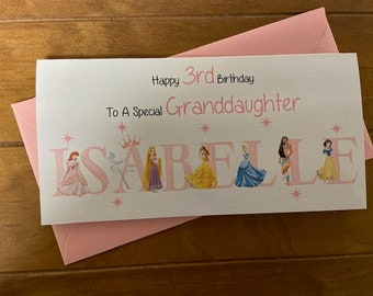 Personalised  NAMED DISNEY PRINCESS Themed Birthday card, 3rd, 4th, 5th, 6th, 7th, Any Age, Daughter, Granddaughter, Niece, Little Girl