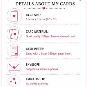 May include: An informational graphic titled Special Days Stationery detailing card specifications. It lists card size as 6 inches by 6 inches, 300gsm linen embossed card material, a blank 120gsm paper insert, envelopes, embellishments, and delivery.