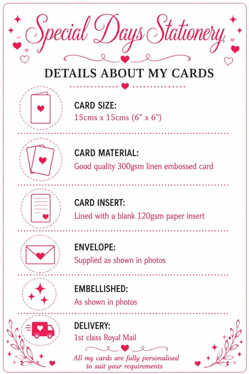 May include: An informational graphic titled Special Days Stationery detailing card specifications. It lists card size as 6 inches by 6 inches, 300gsm linen embossed card material, a blank 120gsm paper insert, envelopes, embellishments, and delivery.