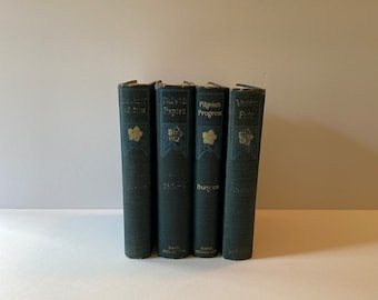 Antique Book Set: Pickwick Papers, Pilgrims Progress, Vanity Fair, Descent of Man