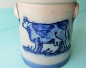 SHIPS FREE Wisconsin Rowe Salt Glazed Pottery Utensil Crock w Cobalt Blue Cow Design, Hand Thrown Pottery Utensil Holder Cedarburg Wisconsn