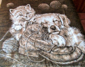 Ships FREE! Cotton-Blend Fleece Blanket or Twin/ Dbl BedSpread  Cat + Dog Motif  Kitten-Theme Puppy-Theme Bedding  SOFT Lightweight Warmth