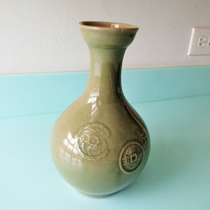 Ships FREE! 9&quot;h Vintage Korea Celadon Coin Vase  Sage Green Long-Neck Celadon Vase Embossed w Medallions  Large Celadon Vase Made in Korea