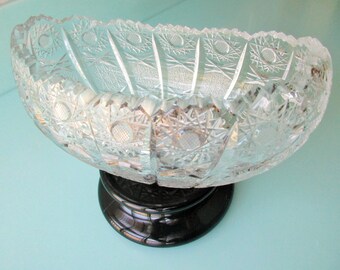 Ships FREE! Vintage Cut Crystal Bowl, Hobstar & Strawberry Diamond Pattern, Sawtooth Rim, Americas Brilliant Crystal  8" Oval DELUXE