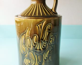 Ships FREE! McCoy Cookie Jug  Vintage 1970s Decor  USA Pottery Moonshine Jug 11.5"h Textured Ceramic Inscribed 'Cookies'   Mint Condition!