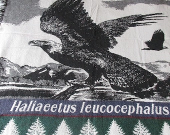 Ships FREE! Bald Eagle Cotton Woven Throw w Bird Detail, Latin Name Haliaeetus Leucocephalus  Beach-Theme Blanket TWN or DBL Bedspread Decor
