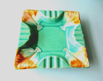 Ships FREE! Roseville RRP Pottery Co. Ashtray MCM 1950s-60s  Light Green Ceramic w Dripware Corners Brown White   Vintage 9" Sq Tray  Swanky