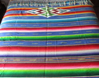Ships FREE! XL 5x8 ft Mexican Woven Wool Saltillo  Molina Falsa Blanket Rainbow Serape  w Hand-Crochet Fringe, Thunderbird  Authentic Mexico