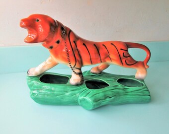 Ships FREE! 1950s Tiger Planter on Green Platform w Original Green Jewel Eyes  Classic Prowling Chained Tiger Figurine Atomic '50s - 60s MCM