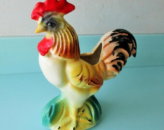 Ships FREE! 8.75"h Rooster Planter Vase,  MCM Farmhouse Decor 8.75"h  Indoor Garden Figurine  1950s-60s Ceramic Rooster Bird / Farm Animal