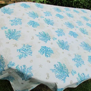 Ships FREE! 4x5&#39; French Cotton Tablecloth by Tissus Toselli of Nice, Ocean Coral Sea Shell Themed Vintage Tablecloth  Blue Gray White MINT!