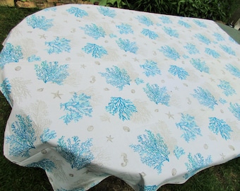 Ships FREE! 4x5' French Cotton Tablecloth by Tissus Toselli of Nice, Vintage Table Linen Ocean Coral Seashell Print  Blue Gray White MINT!