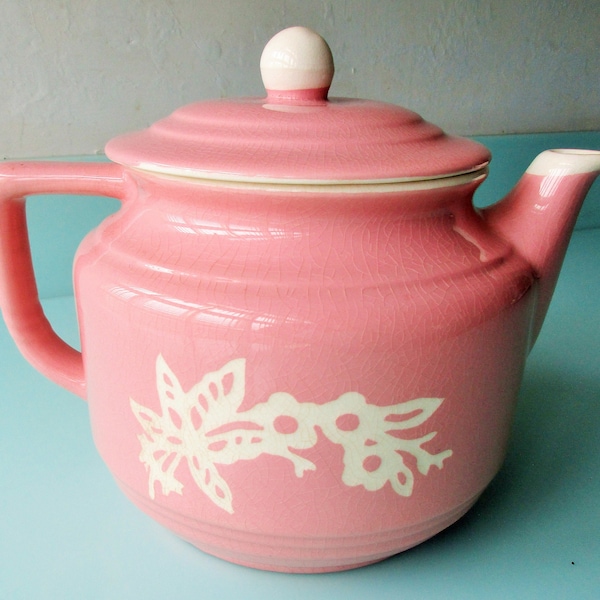 SHIPS FREE! 1930s Unusual Cameo Ware Teapot Harker USA  Pink Cameoware TeaPot w Engraved White Stencil Flora  Collectibl Spring Flower Decor