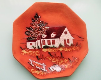 Ships FREE! 9.5" Terracotta Wall Hanging Artwork  Original Artist-Signed Red Clay Platter w Enameled Farm House, White Picket Fence Textured