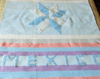 Ships FREE! 4x6' Premium Mexican Woven Yoga Blanket Falsa Bojo Throw Ixtapa Mexico Pastel Blue Lilac Orange White Sarape Saltilo Shabby Chic