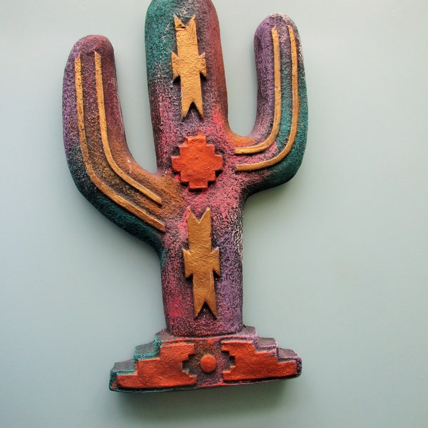 SHIPS FREE! One-of-a-Kind Handmade Saguaro Cactus Wall Hanging, Artist Signed Mexican Cactus Vintage Wall Art Turquoise, Copper Gold Colors