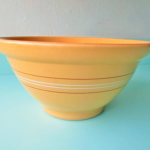 Ships FREE! 8&quot;d Yellow Ware Bowl by Over & Back USA  Ovenware Mixing Bowl  Yellow Striped Yellow Ware Pottery Bowl 1970s Kitchen Decor