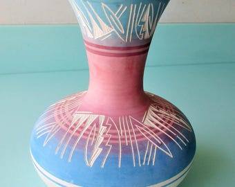 Ships FREE! Artist Signed Navajo Pottery Vase  9 in.  Hand-Etched Southwestern Art  SW Indian/ Santa Fe Style Decor Sky Blue  Pink White