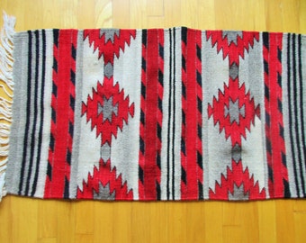 Ships FREE! 20x40 inch Thick Hand Woven Throw Rug  Area Rug for Hallway, Bedside or Kitchen Red Tan Black Diamonds n Stripes w White Fringe