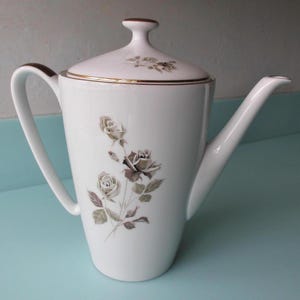 Ships FREE! 6cup Edelstein Bavaria Coffee Pot German Porcelain Large Vintage White CoffeePot  Gold Trim + Sepia Gray Roses  Chocolate Teapot