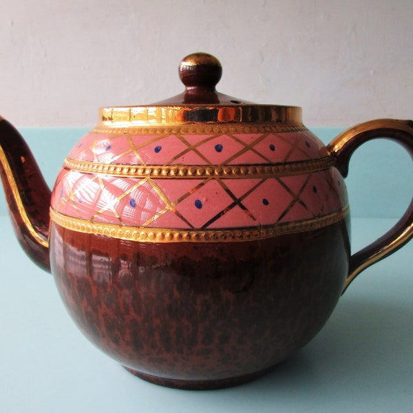 SHIPS FREE! 4 cup Arthur Wood Staffordshire Teapot 2-Tone Vintage English Tea Pot, Coffee/ Hot Choc Pot   Rockingham Brown Glaze  Pink  Gold