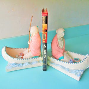 Ships FREE! 8&quot;h Native Americans in Canoe 1970s Bookends  Heavy Ceramic Book Ends  Detailed Indian Figures, Fish, Baskets Southwestern Decor