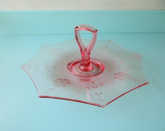 Ships FREE! Antique Depression Glass Vanity Tray or Serving Dish  Art Deco Tray   Keyhole Handle, 13" Octagon Shape  Gift for Her