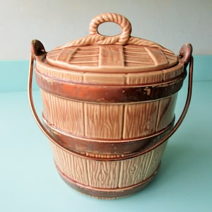 Ships FREE! 9&quot; McCoy USA Cookie Jar Bucket w Swivel Handle, Vintage Cookie Jar 1950-60s Textured Oak Bucket Canister Farmhouse Kitchen Decor