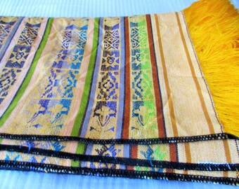 Ships FREE! SW Style Woven Bedspread Full/DBl Bedcover Yellow Green Blue Brown Stripes + Suns  Vintg Mint Conditn Lightweight Summer Bedding