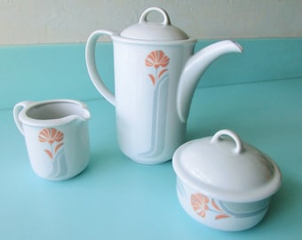 Ships FREE! Vintage JL Minau German Porcelain Coffee Set; Peach Floral Demitasse Coffee Set 5-piece  Coffeepot 18 oz w Creamer + Sugar Bowl
