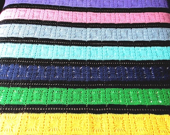 Ships FREE! Hand Crocheted Rainbow-Striped Afghan Blanket   Sofa Throw 9 Vivid Colors!  5.5' x 6.5'  Lacey-Knit Top Quality