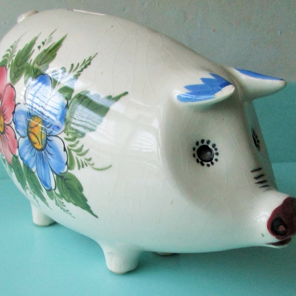 SHIPS FREE! 10"L Handpainted Piggy Bank w Pink Nose, Big Blue Red Flowers Vintage Porcelain Pig Figurine Coin Slot Bank, Made in Portugal