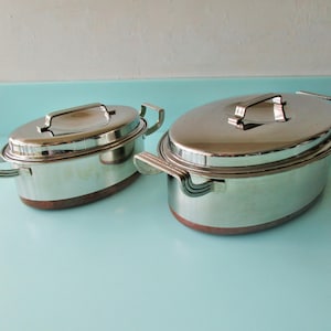 Ships FREE! Rare 1930s EKCOWARE Set of 2 Roasting Pans 6-cup + 12-cup w Lids, Handles,  Vintage EKCO Oval Cookware  Stainless Steel + Copper