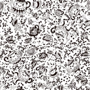 Black and White Dancing Whimsical Teapots Digital Print - Seamless Pattern 300 DPI PNG