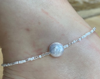 Coin Pearl Beaded Anklet, Pearl Anklet, Beaded Anklet, White Anklet, Handmade Beaded Pearl Anklet