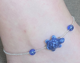 Turtle Anklet, Turtle Ankle Bracelet, Blue Turtle Anklet, Summer Anklet, Beaded Anklet, Beach Anklet, Beach Ankle Bracelet