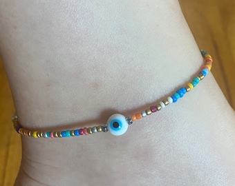 Evil Eye Anklet, Beaded Anklet, Multi Color Beaded Anklet, Evil Eye Jewelry