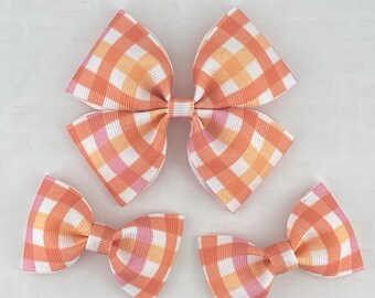 Orange Gingham Bow, Girl hair Bow, Toddler Hair Bow, Baby Hair Bow