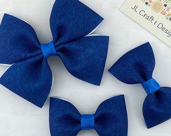 Denim pigtail bows Summertime hair bow Grosgrain ribbon hair bow Alligator clip bow