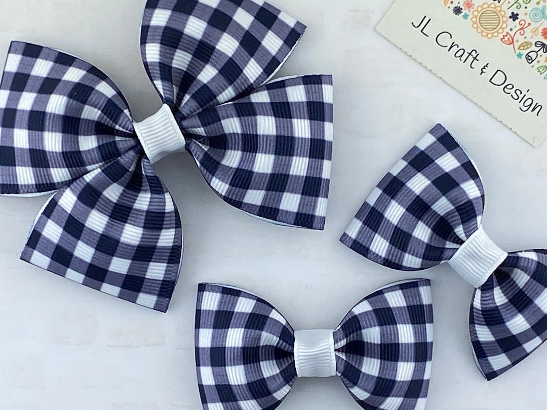 Navy Blue Gingham Hair Bow Blue Gingham Bow Blue Hair Bow Etsy