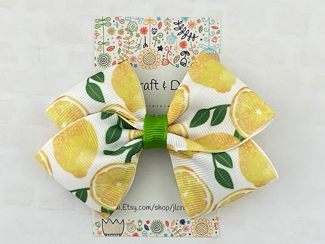 Lemon Hair Bow, Lemon Bow, Lemon Print Bow Headband, Summer Hair Bow