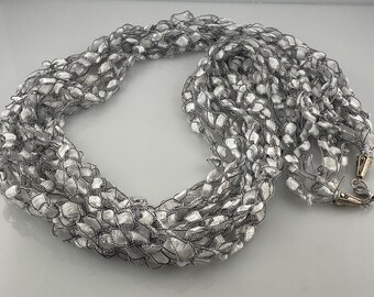 Lightweight Crocheted Multi Strand Necklace: White & Silver Jewelry
