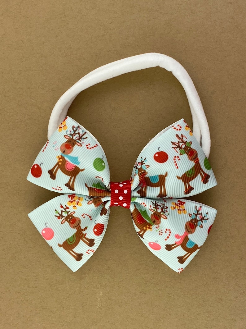 Christmas Hair Bow, Christmas Hair Clip, Christmas Bow, Girls Hair Bow, Ruldoph reindeer hair bow, Baby Christmas Hair Bow, Stocking Stuffer zdjęcie 3