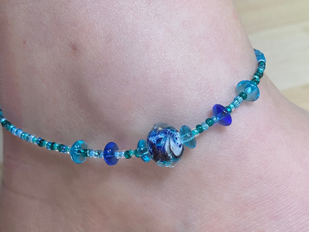 Blue Beaded Anklet, Blue Anklet, Handmade Beaded Blue Anklet, Summer