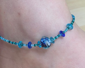 Blue Beaded Anklet, Blue Anklet, Handmade Beaded Blue Anklet, Summer Blue Anklet, Ocean Color Anklet,